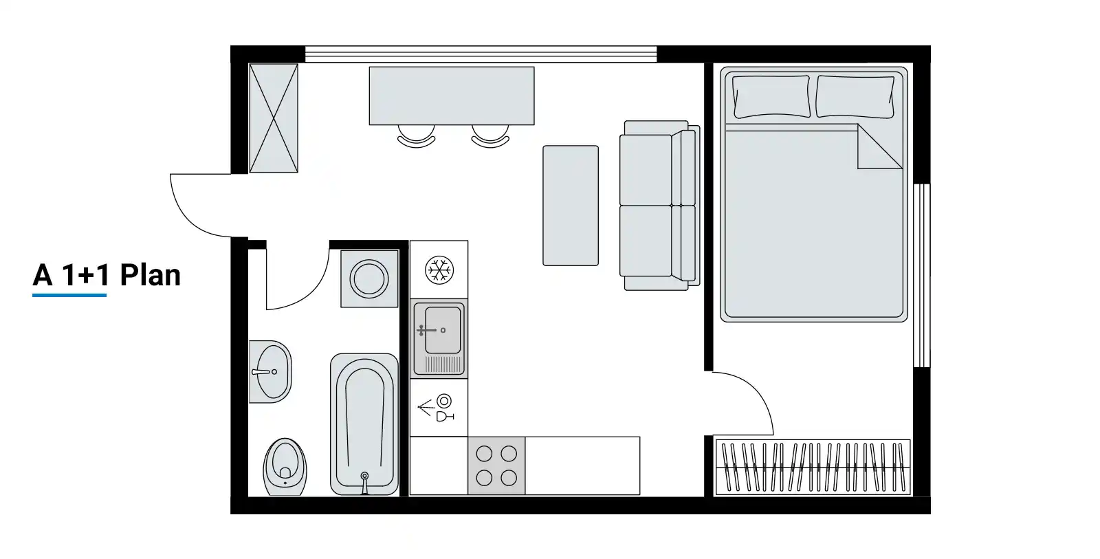 What is 1+1 apartment in turkey? A plan of 1+1 flat in Turkey with 1 bedroom and 1 hall