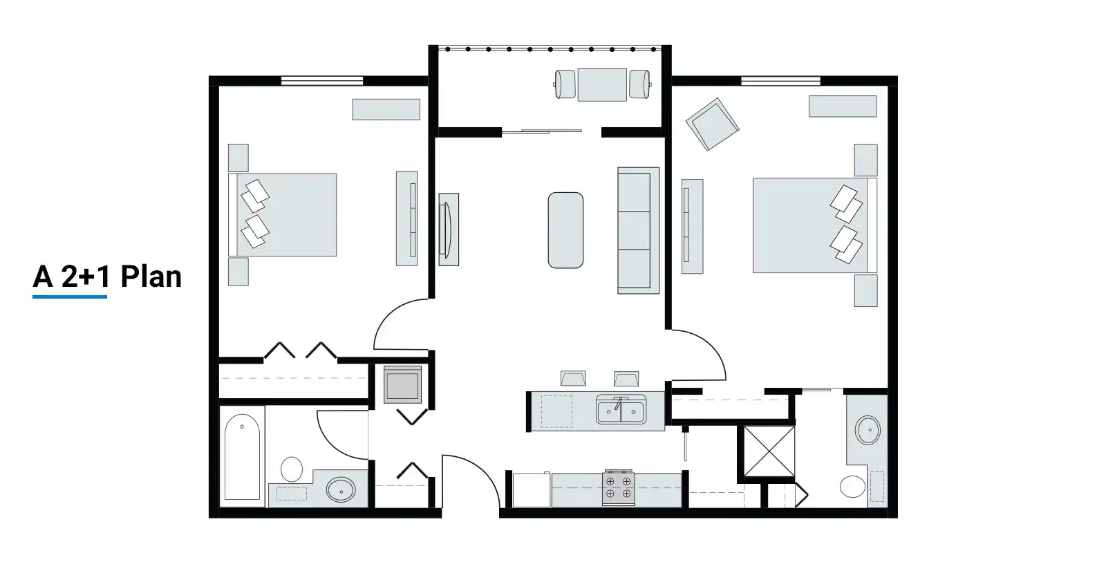 What is 2+1 apartment in turkey? A plan of 2+1 flat in Turkey with 2 bedrooms and one hall.
