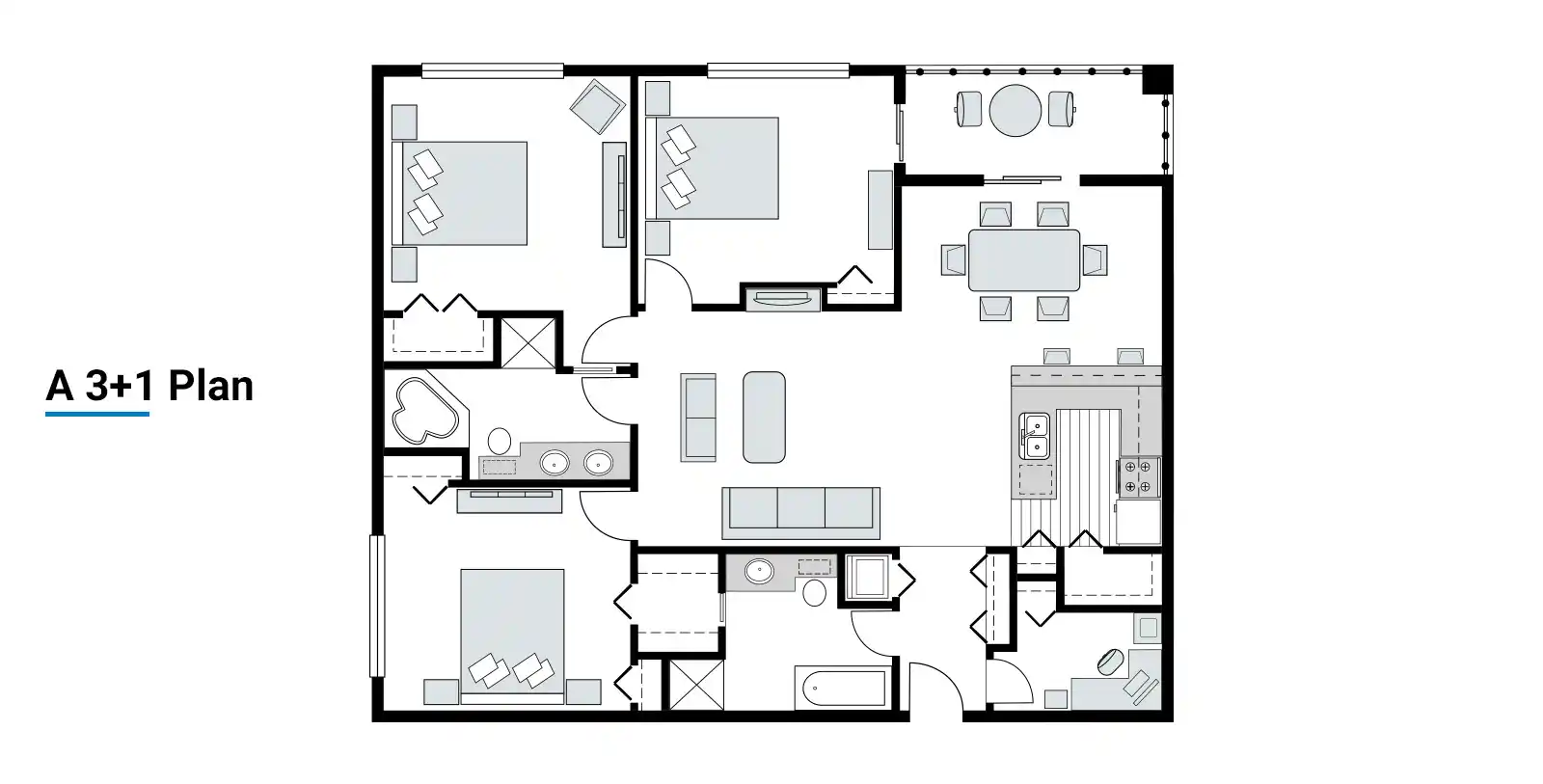 What is 3+1 apartment in turkey? A plan of 3+1 flat in Turkey with 3 bedrooms and 1 hall.