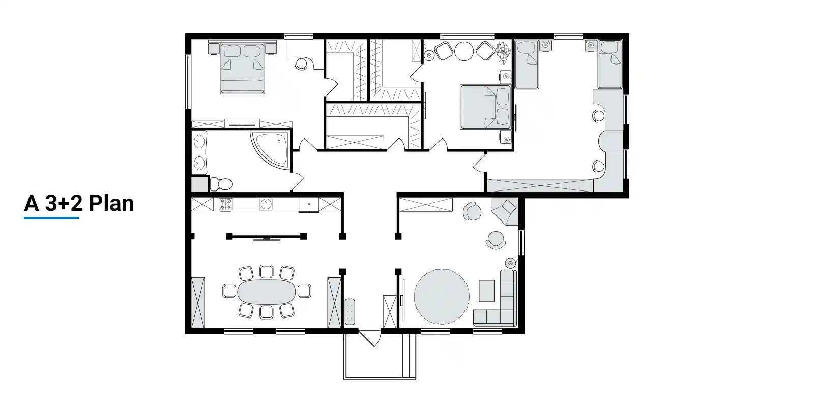 What is 3+2 apartment in turkey? A plan of 3+2 home in Turkey with 3 bedrooms and 2 halls.