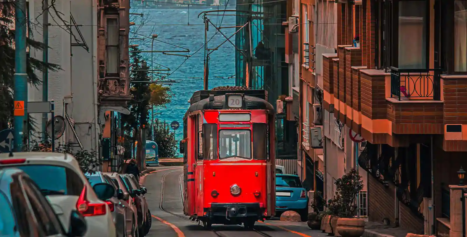 Anatolian Istanbul has its own atmosphere, A spectacular view to the sea of Maramara in Kadikoy with a red tram in picture