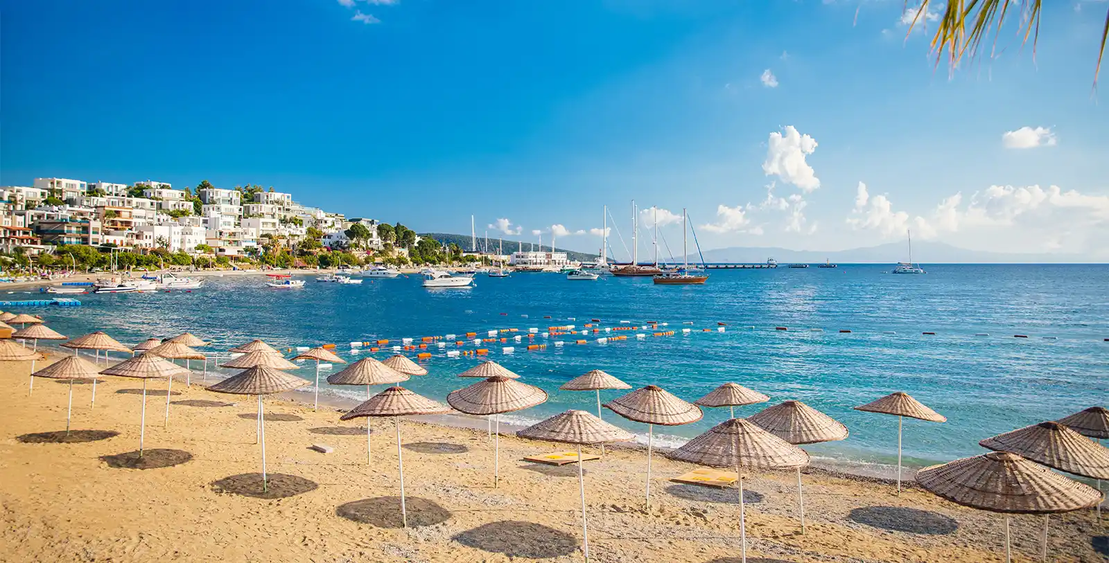 Bodrum is famous for its beautiful beaches. A sand beach in Bodrum.