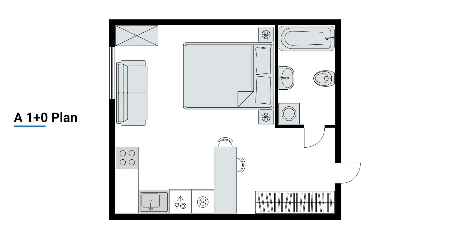What is 1+0 apartment in turkey? A plan of 1+0 flat in Turkey.