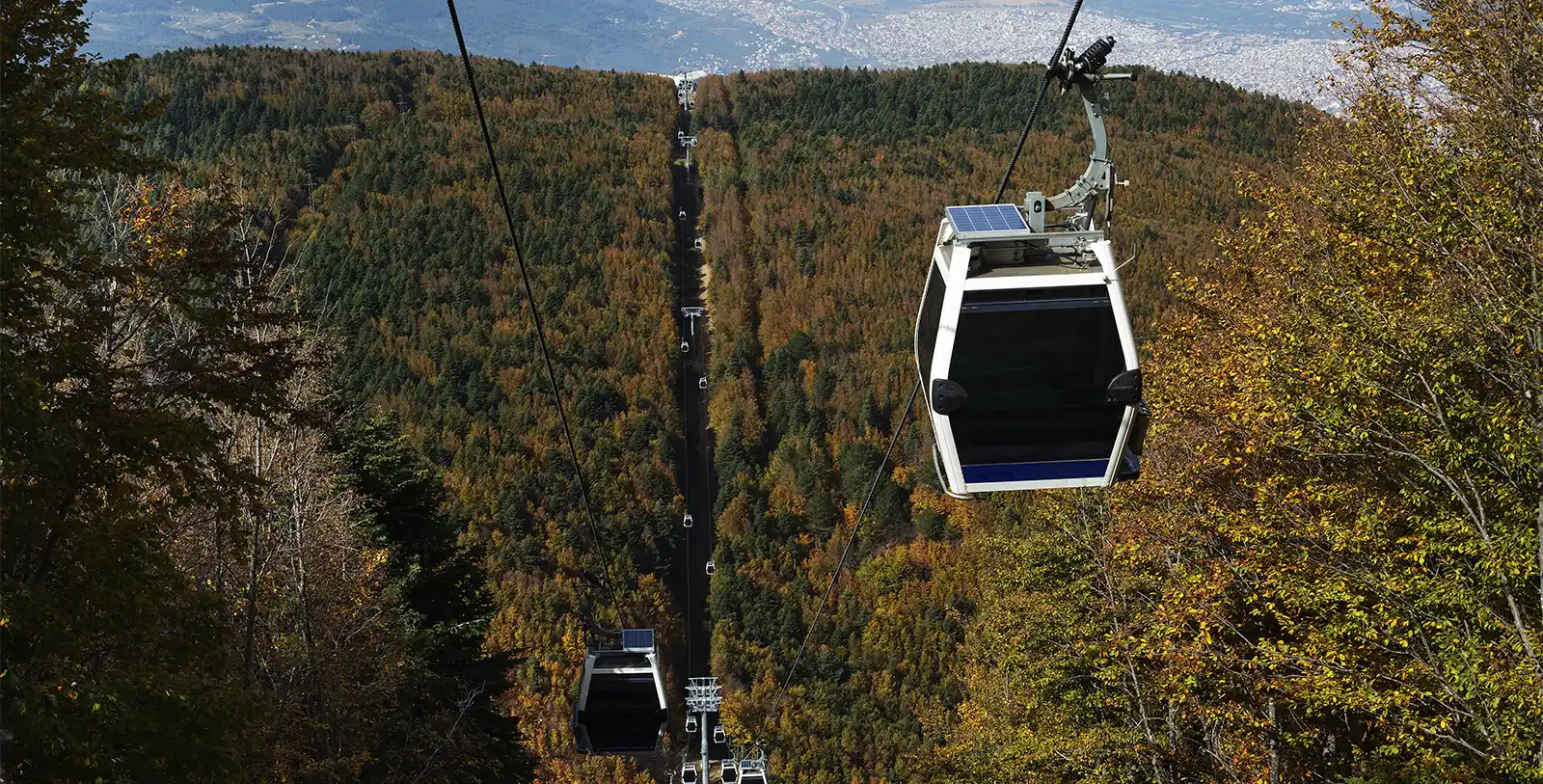 Bursa Telecabine is passing by thousands of colored trees in an autumn forest view